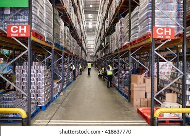 Stored Goods In Supermarket Distribution Warehouse, Low Angle