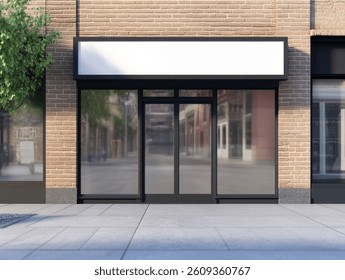 A storefront with a blank sign mockup above a large window facade. The building is constructed with brick, providing an urban texture. 