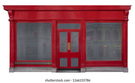 Storefront facade with red front view in wood. Two shop windows and a door in the middle isolated on white background
