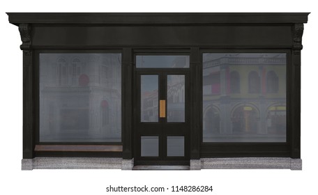 Storefront framed with black wood and cut out on white background