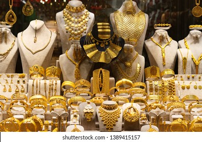 Storefront With Gold Jewelry On Bu Black And White Busts. Egyptian Ancient Traditional Jewelry Concept. Turkish Bazaar Vitrine.