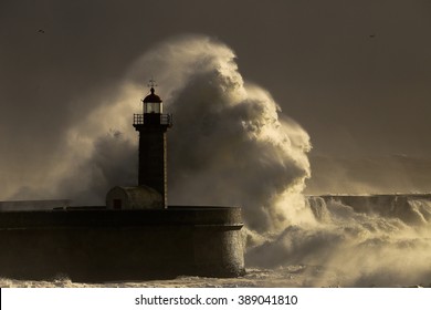Storm with big waves near a lighthouse in Porto, Portugal