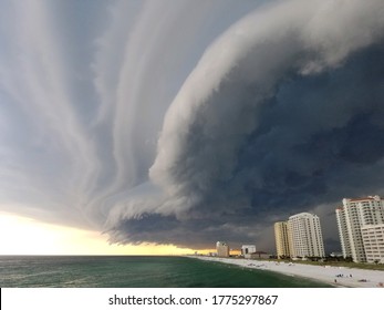 Storm Cloud Formation Over The Beach In Pensacola, Florida. Beautiful Sunset With Storm On The Pier. Florida Hurricane Season, Thunderstorm Clouds.