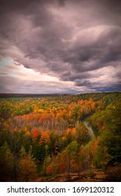 Storm clouds approach the High Rollaways in Buckley, MI during the fall color season
