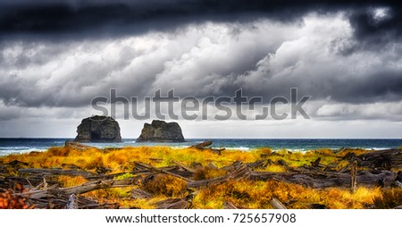 Storm clouds darken skies above large rocks surrounded by the sea seen from a driftwood strewn beach from previous storms along Rockaway Beach, Oregon