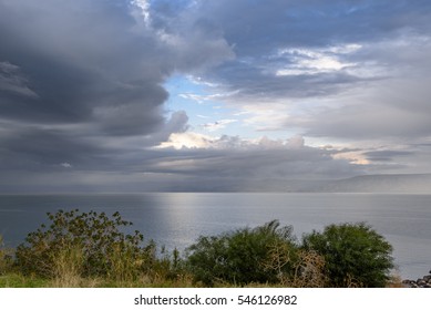 Storm Clouds And Rain Above The Sea Of Galilee In Israel