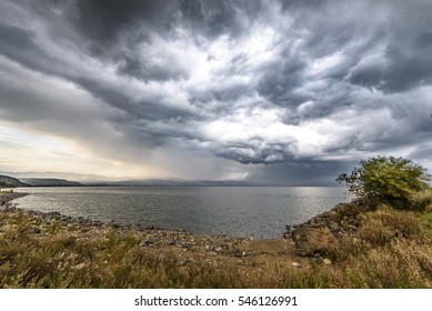 Storm Clouds And Rain Above The Sea Of Galilee In Israel