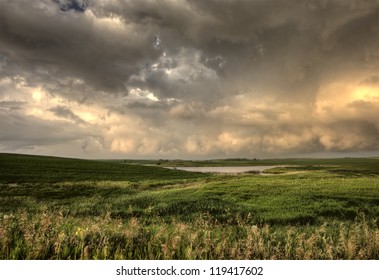 Storm Clouds Saskatchewan Sunset Over Prairie Field