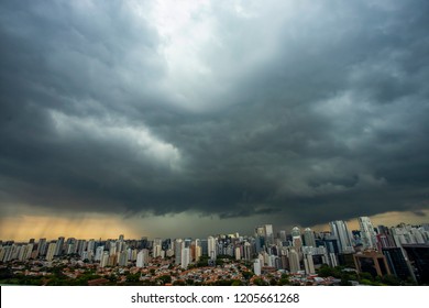 The storm is coming. Hurricane. Ground and sky. Cityscape. Sao Paulo city landscape, Brazil South America. 
