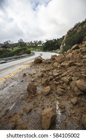 Storm Damage Rocks Blocking Santa Susana Pass Road In The San Fernando Valley Area Of Los Angeles, California.