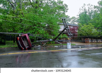 Storm Damaged Electric Pole Damaged Car Turned Over After Accident