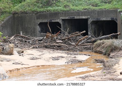 Storm Drain Blocked With Trees And Branches After Heavy Rain