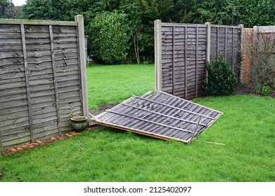 Storm "Eunice" damage to a garden fence in the UK on 18 Feb 2022.  - Shutterstock ID 2125402097