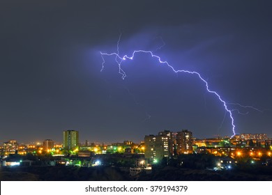 A Storm With Lightening In The Night City, Yerevan, Armenia