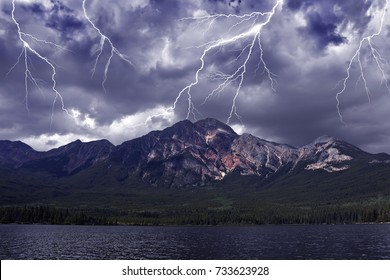 Storm lighting in the Canadian Rocky Mountains. Pyramid Mountain. Jasper National Park. Alberta. Canada - Powered by Shutterstock