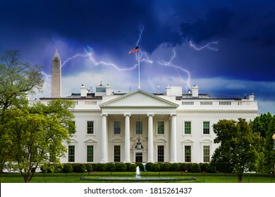 Storm Moody Sky Over White House, Residence And Workplace Of The President Of The United States, Concept Shot