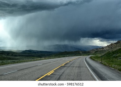 Storm north of Cody, Wyoming, though the windshield - Shutterstock ID 598176512