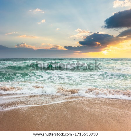storm on the sandy beach at sunset. dramatic ocean scenery with cloudy sky. rough water and crashing waves in evening light