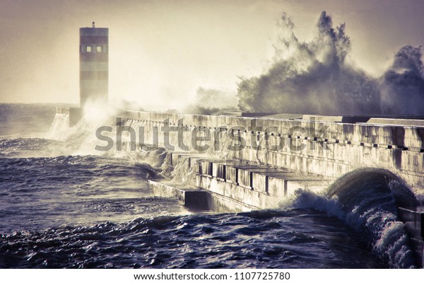 Storm in Oporto lighthouse, Portugal