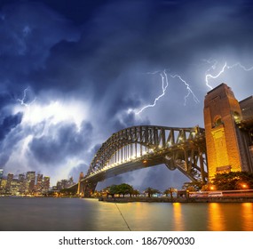 Storm over Sydney Harbour Bridge, NSW, Australia. Lightning in the sky - Powered by Shutterstock