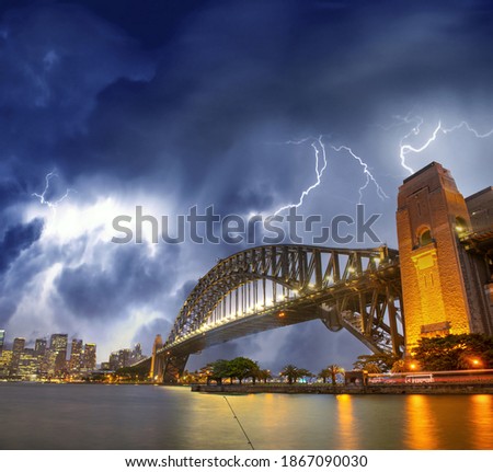 Storm over Sydney Harbour Bridge, NSW, Australia. Lightning in the sky