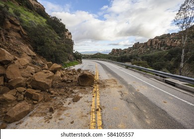 Storm Related Landslide Blocking Santa Susana Pass Road In Los Angeles, California.  