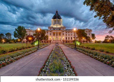 A Storm Rolls In At Dawn At The South Dakota State Capitol Building In Pierre, South Dakota