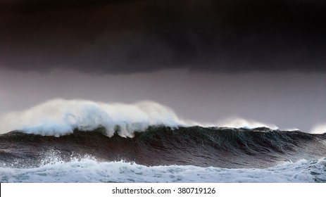 Storm In The Sea With Big Waves And Dark Sky