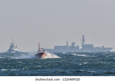 STORM AT SEA - Warship And Tugboat On Stormy Waters