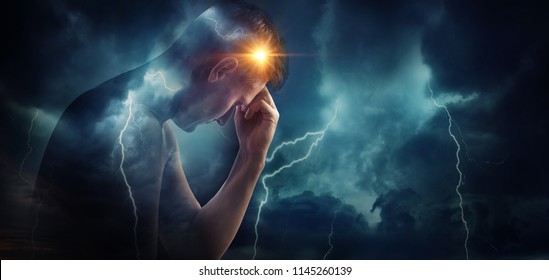 Storm Sky With Lightning And Sun On The Background Of The Silhouette Of A Man. Concept On The Problem Of Personality, Psychology, Psychiatry. Medical Diseases (migraine And Headache Pain). 