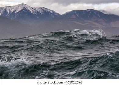 storm surge on the background of the Northern mountains