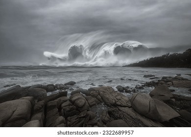 Storms and wind make giant waves hitting the coast