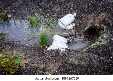 Stormwater Management, Inlet Pipe For Excess Rainwater, Sandbags, And Garden Plantings
