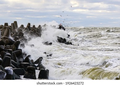 Stormy Baltic Sea, Port Entrance Concrete Breakwater, Liepaja, Latvia