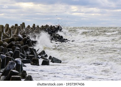 Stormy Baltic Sea, Port Entrance Concrete Breakwater, Liepaja, Latvia