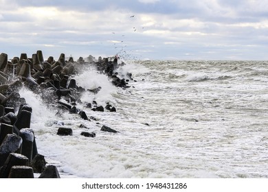 Stormy Baltic Sea, Port Entrance Breakwater, Liepaja, Latvia