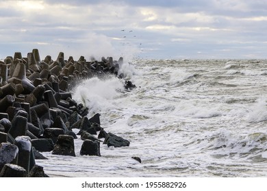 Stormy Baltic Sea, Port Entrance Breakwater, Liepaja, Latvia