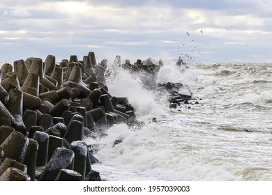 Stormy Baltic Sea, Port Entrance Breakwater, Liepaja, Latvia