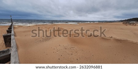 Stormy clouds hover above a rugged beach. The tide crashes against wooden groynes, while the wind carves the sand into flowing ridges. A peaceful yet wild coastal atmosphere prevails.