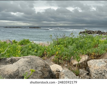 Stormy Coastal Landscape with Rocky Shore and Ocean Waves under Overcast Sky. - Powered by Shutterstock