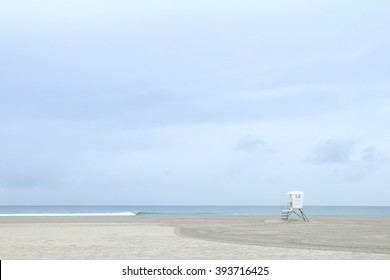 Stormy Day At Mission Beach In Southern California. Lifeguard Tower In The Distance.