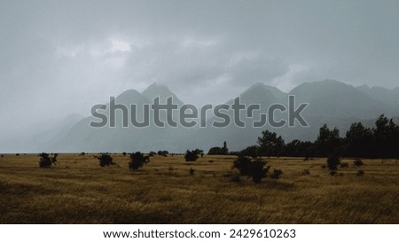 Stormy foggy sky with little sunlight and clouds cover tall new Zealand layered mountain peaks and dry brown grass countryside with bushes 