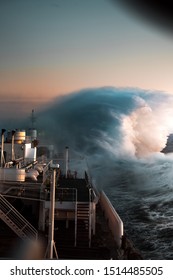 Stormy ocean in the North sea with wave washing over ship