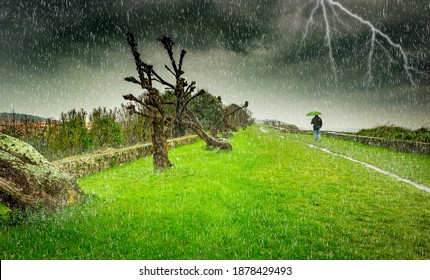 Stormy and rainy day at the viewpoint of San Pedro, Llanes, Asturias, Spain.