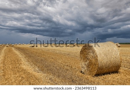 stormy sky over field with straw bale 