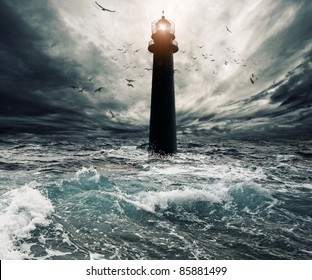 Stormy sky over flooded lighthouse