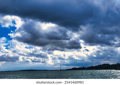 Stormy sky over a lake. Dark clouds contrast with rays of sunlight that make the water sparkle. Four birds fly in the foreground.