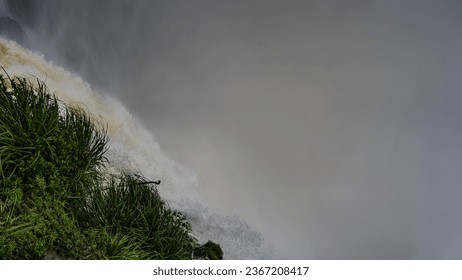 A stormy stream of water falls into the abyss from the cliff. The waterfall foams, splashes in the air. Everything is shrouded in thick fog. In the foreground is lush green grass. Argentina. 