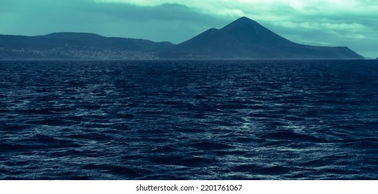 Stormy Weather At Sea At Pylos Bay In Greece, Peloponnese, Kalamata, Windy, Rainy Day 