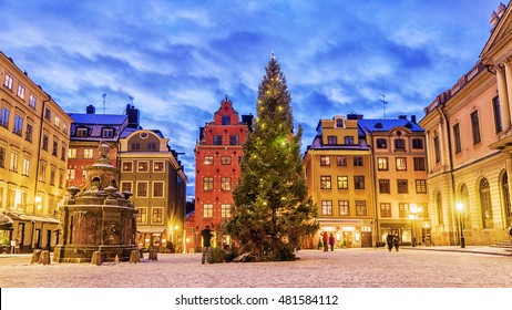 Stortorget square decorated to Christmas time at night, Stockholm, Sweden.